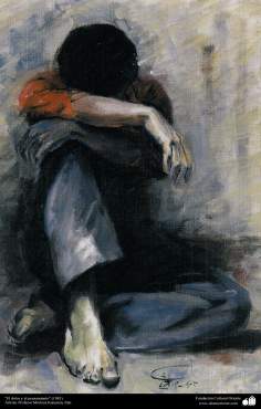 Arte islamica-Pittura-Olio su tela-Opera di maestro Morteza Katusian-&quot;Il dolore e il pensiero&quot;-1983