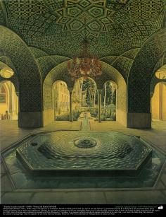 Art islamique - peinture à l&#039;huile sur toile - artiste: Kamal-ol-molk -&quot;Fontaine dans la cour&quot;-1890