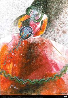 هنراسلامی - نقاشی - جوهر و رنگ کاری با رنگی که در آب حل شده و با عسل و صمغ امیخته شده - انتخاب نقاشی از گالری &quot;زنان، آب و آینه&quot; - اثر استاد گل محمدی - نام اثر : &quot;دختر و آینه&quot; - (1993)
