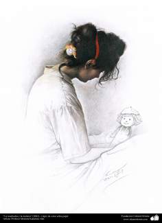 “La muchacha y la muñeca” (2002) - Lápiz de color sebre papel, Artista: Profesor Morteza Katuzian, Irán
