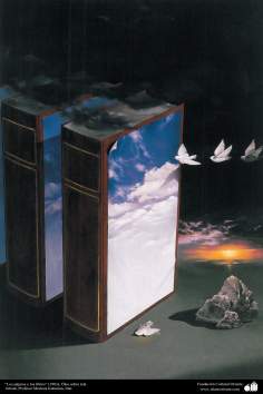 هنراسلامی - نقاشی - رنگ روغن روی بوم - اثر استاد مرتضی کاتوزیان - «پرندگان و کتاب&quot; (1983)