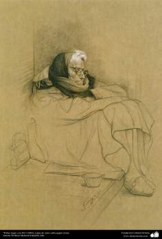 Arte islamica-Pittura-Olio su tela-Opera di maestro Morteza Katusian-&quot;Anziana povera in freddezza&quot;-2002
