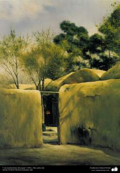 イスラム美術（キャンバス油絵、モレテザ・カトウゼイアン画家の「村への眺め」（１９９５年）