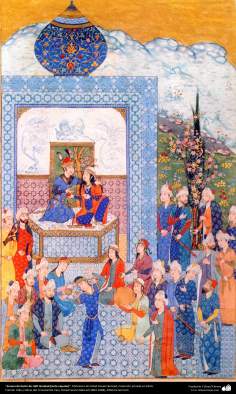 "Cena do festim de Haft Gonbad (sete cúpulas)" - Miniatura de Ostad Hossein Behzad. Coleção privada nos EUA - c94 