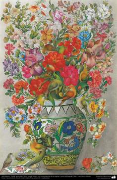 Art islamique. Persique Tazhib, fait avec &quot;Gol-o Morgh« style - fleurs et d&#039;oiseaux -19