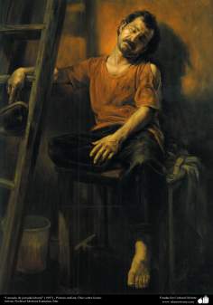 &quot;Fatigué des heures de travail&quot; (1997) - peinture réaliste; Huile sur toile-Artiste: Professeur Morteza Katuzian,