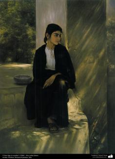 イスラム美術（モレテザ・カトウゼイアン画家による「日陰での少女」キャンバス油絵」-１９８６年）