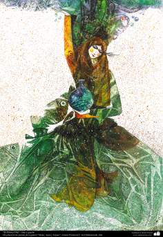 イスラム美術-絵画、インク・ガッシュ（ゴルモハマデイ画家の「女性、水と鏡ギャラリ」からの絵画）、「第一日目」という作品