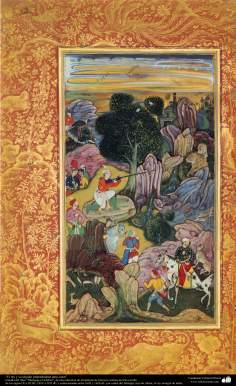 イスラム美術（ペルシャミニチュアの傑作、Muraqqa-E Golshan書物の「狩の準備をしているキングとその随行団体」- 1605.1628）