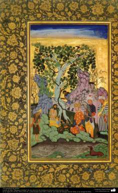 イスラム美術（ペルシャミニチュアの傑作、Muraqqa-E Golshan書物の「アスケットのプレゼンスで」- 1605.1628）
