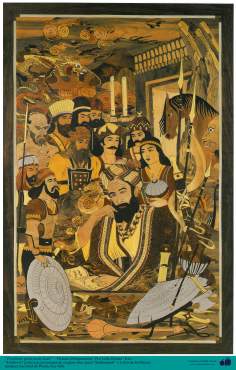 “Ferdowsi”, o grande poeta iraniano com personagens de sua grande obra épica “Shahnameh” - Marchetaria Persa 