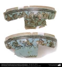 Fragments d&#039;un plat profond avec des motifs de la poterie islamique equitación- - Iran, XIIe ou XIIIe siècle de notre ère.