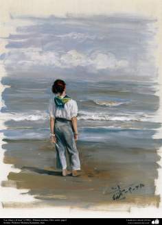 “La chica y el mar” (1989) - Pintura realista; Óleo sobre papel- Artista: Profesor Morteza Katuzian, Irán