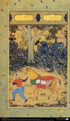 イスラム美術（ペルシャミニチュアの傑作、Marghae Golshan書物の「新郎と馬」- 1605.1628）