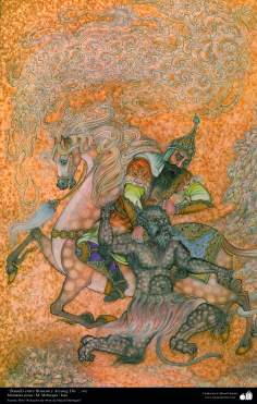 الفن الإسلامي – تحفة من المنمنمة الفارسية – أستاذ مجید مهرکان - المعركة بين رستم و یانک دیو