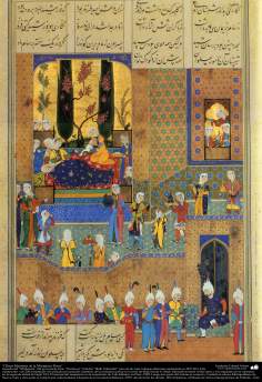 Art islamique, chef-d&#039;oeuvre de miniature persane, tirée de Shahnameh l&#039;oeuvre du grand poète iranien Ferdowsi, Ed. Shah Tahmasbi