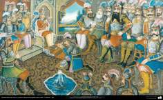 اسلامی فن - روایتی پینٹنگ اور دیواری نقاشی - چونے کی دیوار پر پانی کے رنگ کی پینٹنگ - ایرانی بادشاہ کیخسرو کا دربار - 8