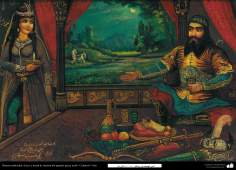 Исламское искусство - Традиционная живопись , настенная живопись , рисование акварелью на гипсе - Стиль кафе - Рустам и его жена Тахмина - 10