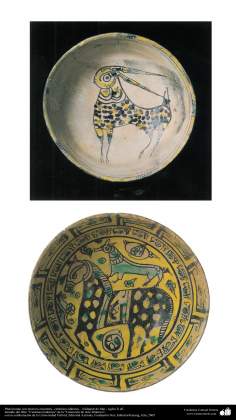 هنر اسلامی - سفال وسرامیک اسلامی - بشقاب با نقوش مربوط به اسب سواری - نیشابور- قرن دهم - 17