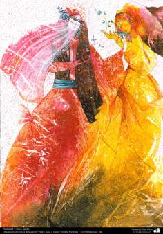 “Pedido” - tinta e guache, da galeria &quot;mulher, Água e Espelho&quot; da pintora, F. Gol Muhammadi, Irã