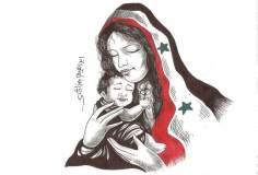 Caricatura - Mãe e seu bebê cobertas pela bandeira Síria 