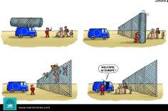 Frontières européennes pour les réfugiés(caricature)‎