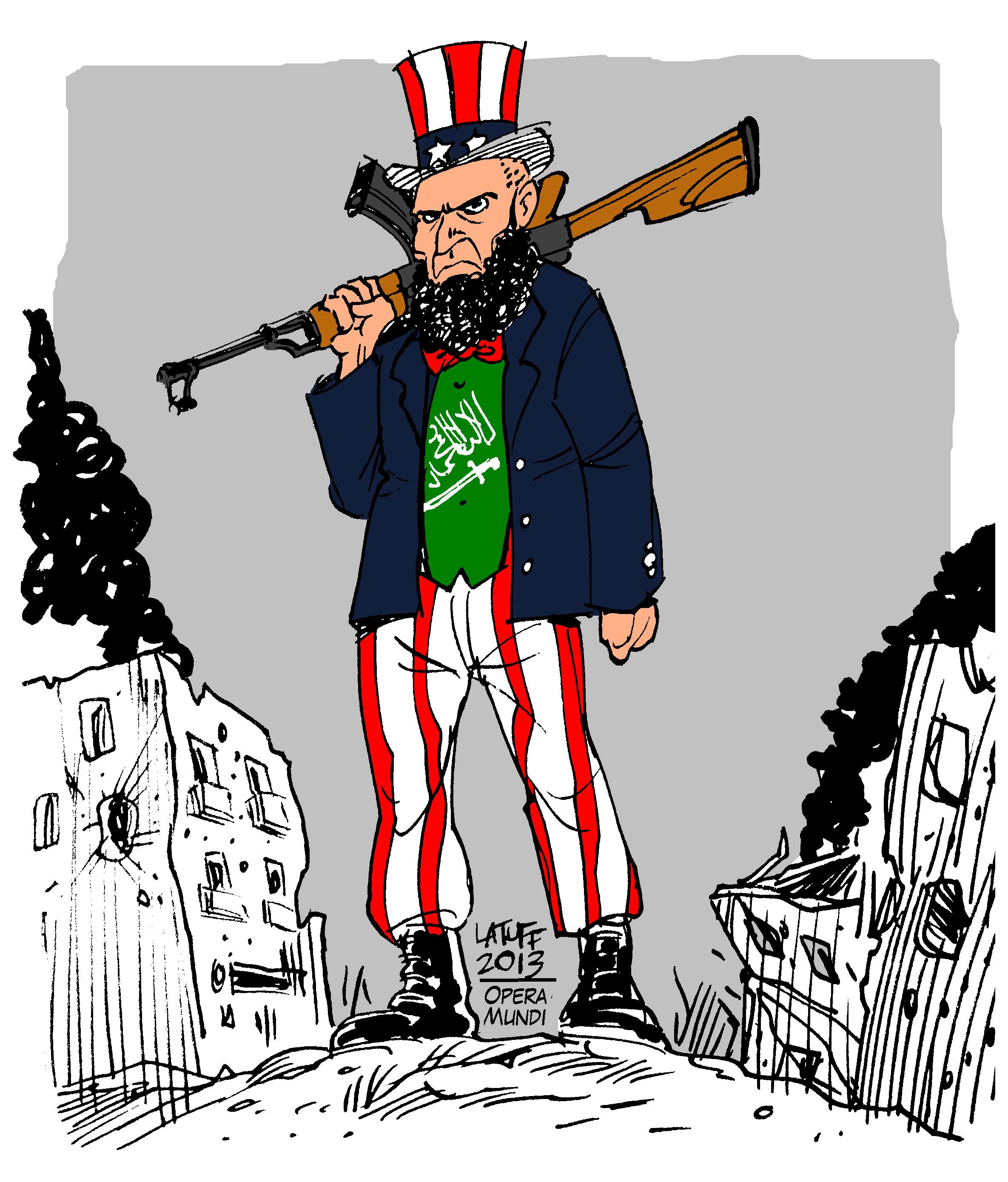 Tío Sam salafista  en Siria (caricatura)