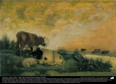 イスラム美術（キャンバス油絵、カマルモルク画家の「平野と牛」（１８９１年）