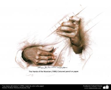 イスラム美術（キャンバス油絵、モレテザ・カトウゼイアン画家の「音楽家の手」（１９９８年）