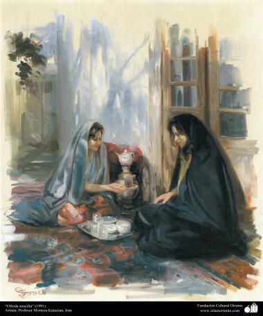 Arte islamica-Pittura-Olio su tela-Opera di maestro Morteza Katusian-&quot;Regalo semplice&quot;-1991