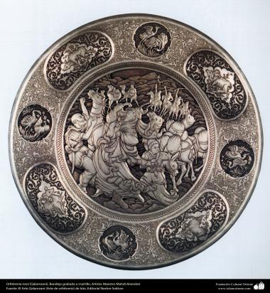 Iranian art (Qalamzani), Carved tray with hammer, Artist: Master Mahdi Alamdari - 116