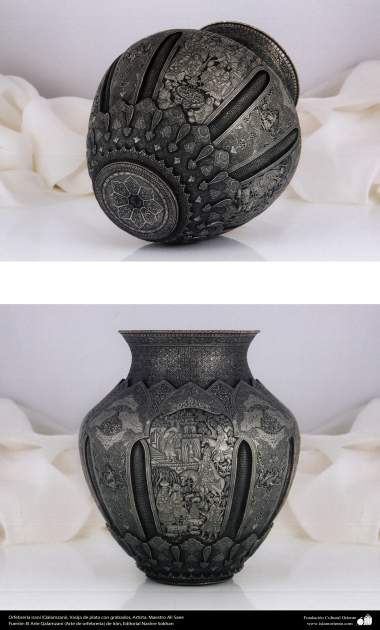 Ourivesaria iraniana (Qalamzani), Vaso de prata com gravura, Artista: Mestre Ali Saee - 171 