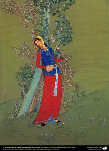 Islamic Art, Masterpieces of Persian Miniature, Artist: Ostad Hosein Behzad, Spring playing the setar (three-stringed instrument), Behzad Museum, 1965 - 171