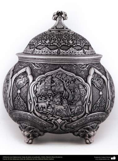 Iranian art (Qalamzani), Silver embossed vase with gold rivets, Artist: Master Reza Ghaderran -173