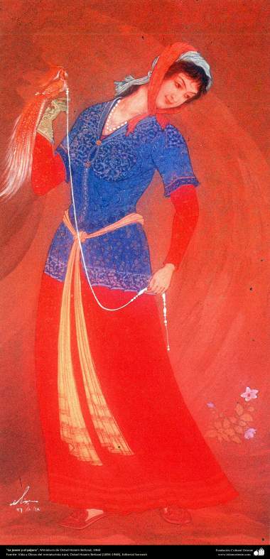هنر اسلامی، شاهکار مینیاتور فارسی، دختر و پرنده، اثر استاد حسین بهزاد، 1960 -177