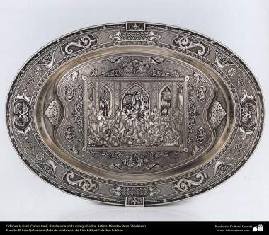 Iranian art (Qalamzani), Silver tray with engravings. Artist: Master Reza Ghaderran -179