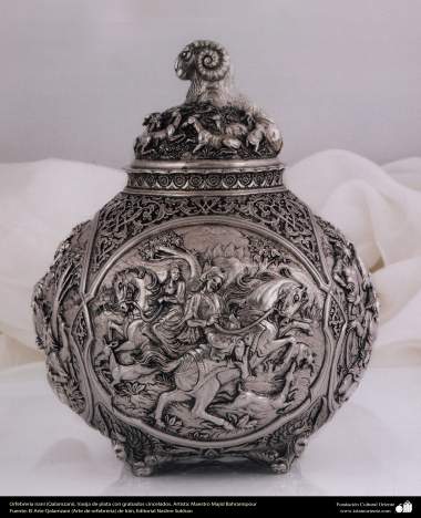 Iranian art (Qalamzani), The carved silver dish. Artist: Master Majid Bahramipour -199