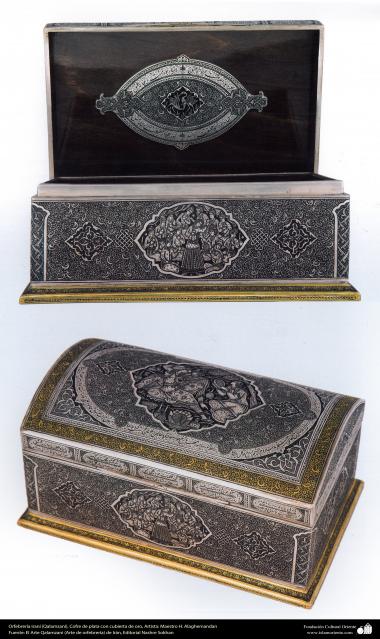 Iranian art (Qalamzani), Engraved box with silver -41