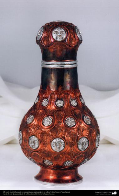 Iranian goldsmith (Qalamzani), silver jug with lid embossed copper - 49