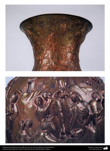 Art iranien - estampage(Ghalam zani) -les détails d&#039;une vase en cuivre et en relief-60