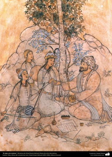 اسلامی ہنر - استاد حسین بہزاد کی مینیاتور پینٹنگ "بوڑھا اور موسیقار" ، ایران - ۸۴