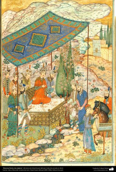 الفن الإسلامي - تحفة المنمنمات الفارسية - أستاذ حسين بهزاد - خسرو برويز والركاب - 90