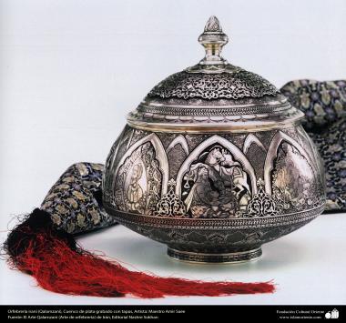 Ourivesaria iraniana (Qalamzani). Bacia de prata gravada com tampas, Artista: Mestre Amir Saee - 94 