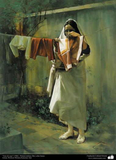 イスラム美術（キャンバス油絵、モレテザ・カトウゼイアン画家の「家事」（１９８６年）