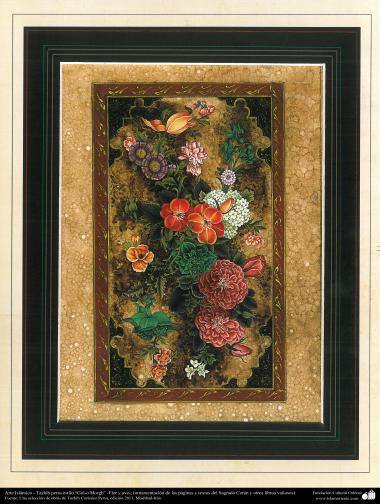 Arte islâmica - Tazhib persa estilo &quot;Gol-o Morgh&quot; Flor e Ave, utilizado na ornamentação de paginas e texto do Sagrado Alcorão e de outros livros valiosos - 9