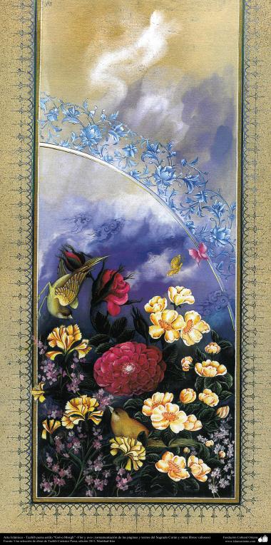 Islamische Kunst -Tazhib vom persischen Stil “Gol-o Morgh” - Vogel und Blume - 20 - Tazhib (Verzierungen von wertvollen Seiten und Texten)
