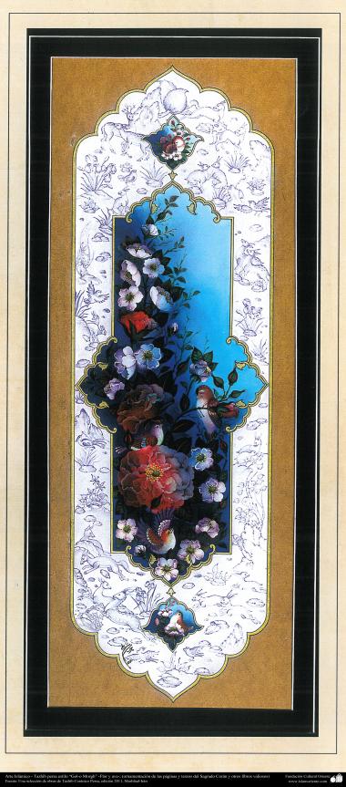 Islamische Kunst -Tazhib vom persischen Stil “Gol-o Morgh” - Vogel und Blume - 19 - Tazhib (Verzierungen von wertvollen Seiten und Texten)