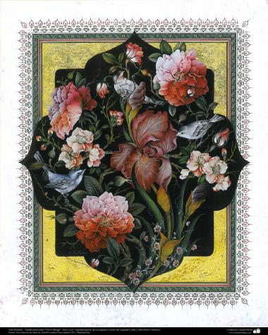 Arte Islâmica - Tazhib persa estilo Gol o Morgh (flor e ave) - Ornamentação das paginas e textos valiosos como o Alcorão - 29