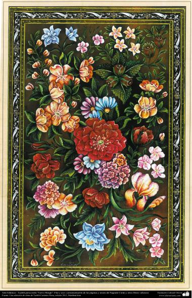Islamische Kunst- Tazhib Persisches Stil “Gol-r Morgh” - Blume und Vogel - 14 - Tazhib (Verzierungen von wertvollen Seiten und Texten)