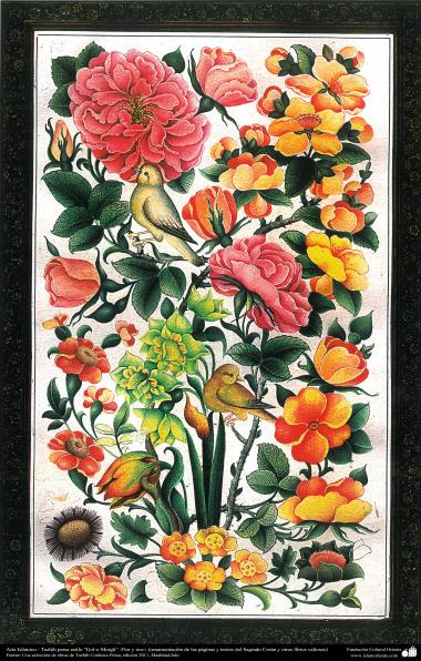 Art islamique. Persique Tazhib, fait avec &quot;Gol-o Morgh« style - fleurs et d&#039;oiseaux -   3